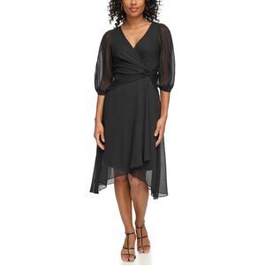 DKNY Womens Black Knotted Crossover Hem 3/4 Sleeve Fit + Flare Dress 4